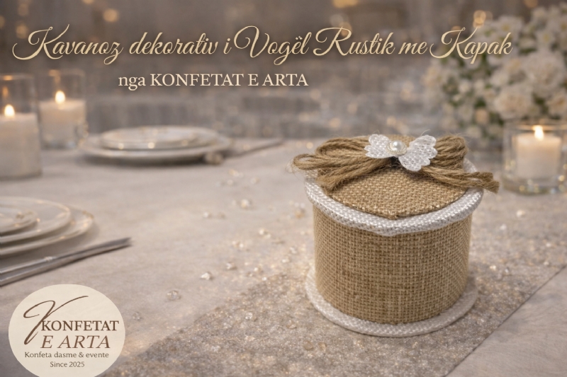 Kavanoz dekorativ i vogel rustik me kapak nga KONFETAT E ARTA, dhurata me prezantim aristokratik, konfeta me stil luksoz evropian, paketim me material fine art, artikuj martese, dhurate me dizajn luksoz, kavanoz rustik dekorativ